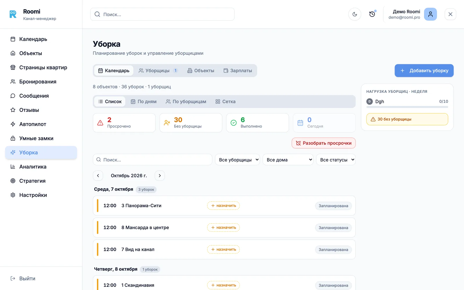 Раздел "Уборка" Roomi PMS в браузере: счётчики просроченных, выполненных и уборок без уборщицы, ниже список уборок по дням с временем, квартирой и статусом